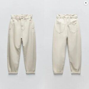 ZARA Women’s Size 0 Cream High-Rise Baggy Paperbag Tapered Cropped Denim Jeans